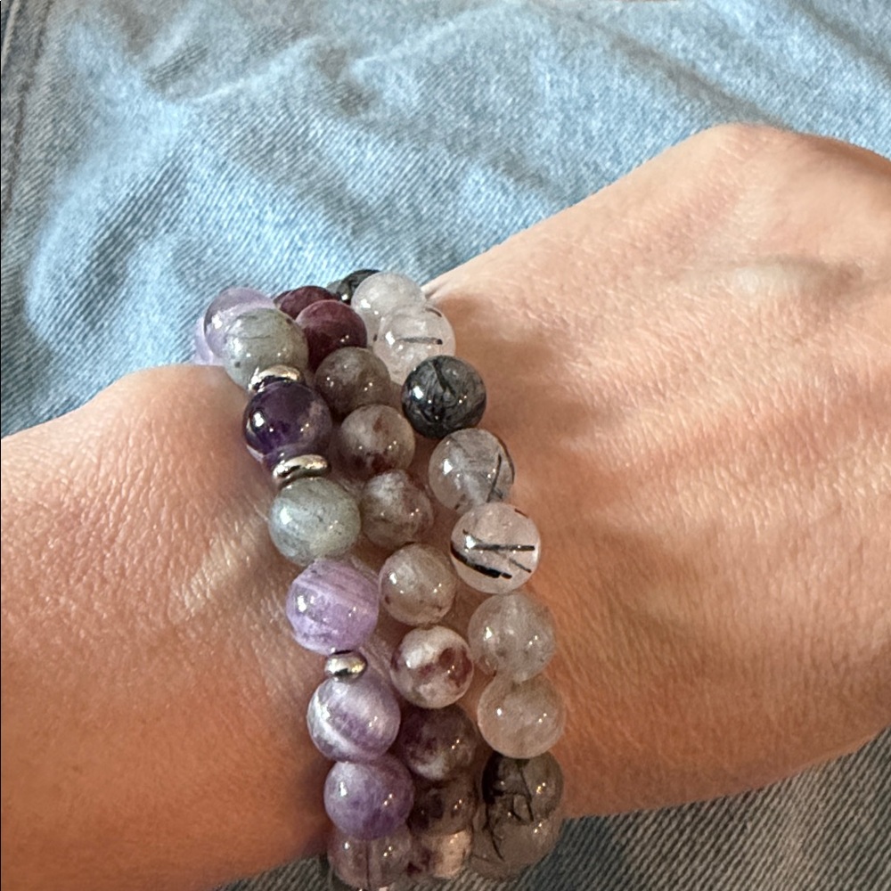 Handmade Unicorn Stone Bracelet Stack - Purple and Gray Gemstone Beads